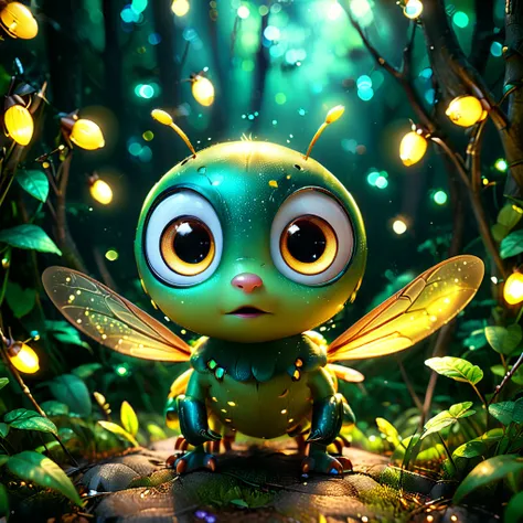 A cute firefly with big eyes, glowing in the night. It has an adorable round body with tiny wings, flying in a cartoon night forest background with sparkling lights, high resolution, high detail, cinematic light, 3D render, octane rendering, high quality. ...