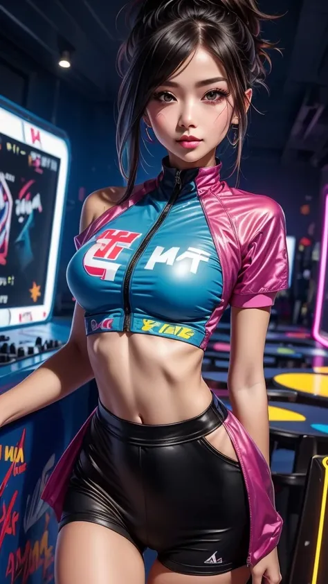 ((masutepiece)), Best Quality, absurderes, ultra-detailliert, Holographic, Cowboy Shot, Dynamic Pose, Golden ratio, Super cute girl, Mature girl, Idol girl, Super beautiful asian girl with very beautiful purple glowing eyes, Beautiful shiny brown multicolo...