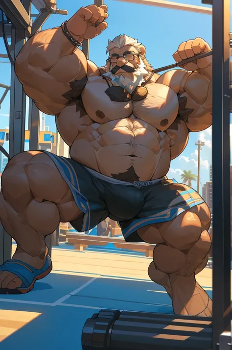 muscular old grizzly bear,glasses,shirtless,short white hair,large beard and mustache,working out huge pectoral muscles,cable crossover machine,muscle beach background,(best quality,4k,8k,highres,masterpiece:1.2),ultra-detailed,(realistic,photorealistic,ph...