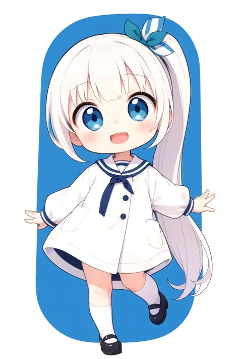 chibi, flat color, solo, full body, cute, (highest quality), blue eye, long hair, white hair, white clothes, side ponytail, Beam with laughter, open mouth, white background, (masterpiece)