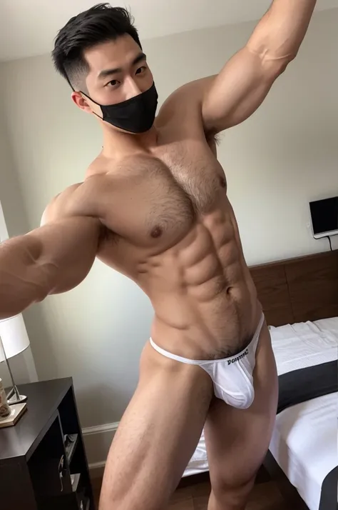 （Selfie）（Bedroom shot）（indirect lighting）Beautiful muscular Japanese gay men、30 years old、Height: 190cm、mask、sunglasses、Weight 100kg、Short Hair、Thin white thong、Muscular、erection、Focus on the bulging crotch、Sweat、Back view、Full body portrait、Beautiful eyes...