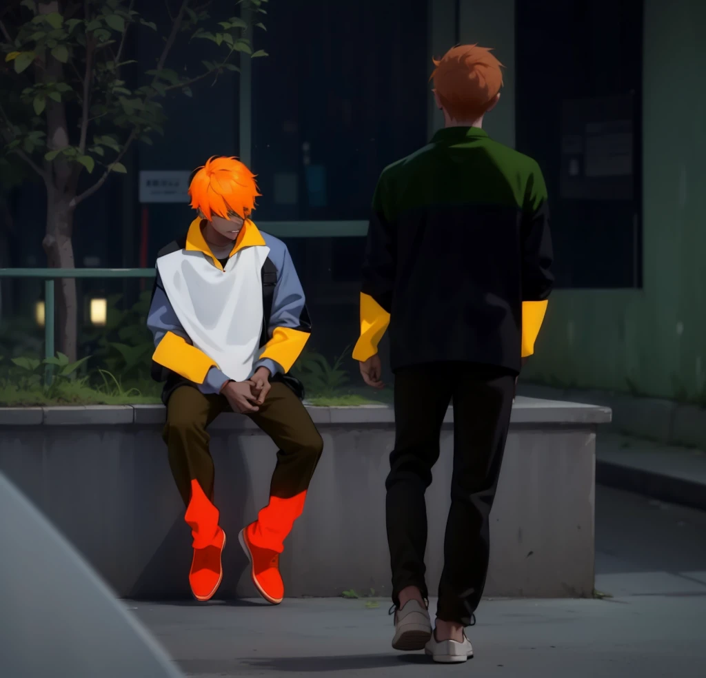 There are two young men of 17, one sitting with orange hair and the other walking towards him., They both have colorful outfits.