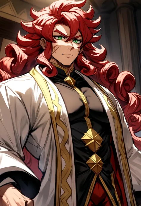 um homem adulto, Red-Haired, with long curly hair and green eyes, muscular with a scar on his cheek, pimp style or mansion master style clothing, 