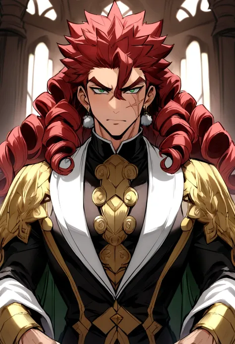 um homem adulto, Red-Haired, with long curly hair and green eyes, muscular with a scar on his cheek, pimp style or mansion master style clothing, 