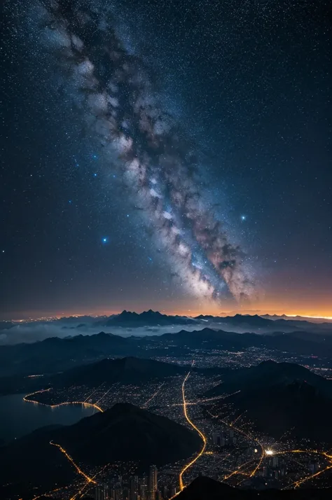 A very starry night, on top of a mountain, seeing the city lights While watching a hyper comet collide with the Earth, the whole world in chaos, and me 