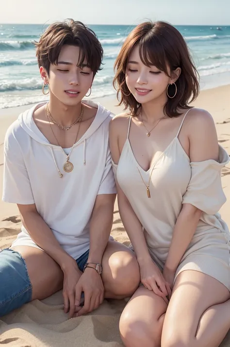 Jimin and Jungkook sitting on the sand at the beach, in the late afternoon, hair in the wind, jimin with a big smile and closed eyes, wearing a red short-sleeved blouse and a delicate necklace around her neck, Discreet hoop earrings on the ears. Jungkook w...