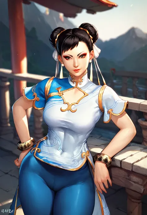 score_9, score_8_up, score_7_up, BREAK, score_9, chunliSDXL, 1girl, solo, breasts, looking at viewer, black hair, dress, brown eyes, jewelry, earrings, pants, hair bun, black footwear, bracelet, double bun, makeup, chinese clothes, china dress,  blue pants...