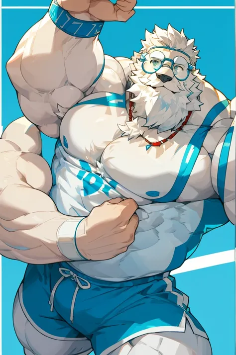 solo, 1boy, Huge Muscular White Polar Bear wearing glasses, huge white fur, pectoral, huge pectoral, wide pectoral, short white hair, blue colored short pants, blue colored wristbands and blue colored tank top, white bearded, white Mustache, white fur, gym...