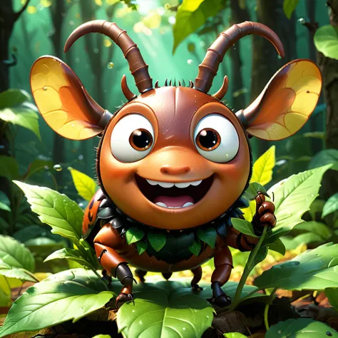 A cute beetle with long horns, happily munching on a leaf. The cartoon character is designed in the style of Pixar animation studio, created using C4D software. It has a shiny brown color scheme and showcases a playful expression through a speech bubble. T...