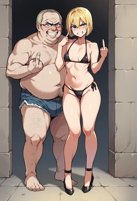 Young woman, looking at viewer, blue eyes, blonde hair, bikini, stand, fat ass, small breasts, black heels, angry, detailed, detailed eyes , middle finger, short hair, big ass, fat legs,Long legs, man smiling, fat man, looking at the Viewer, ugly man ugly ...