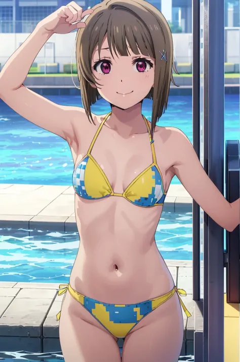 (((pixel-perfect, detail-perfect))), solo, 1girl, kasumi nakasu, eyes violet, smile, pool, bikini, armpit, flat filesize, ultra High Qality