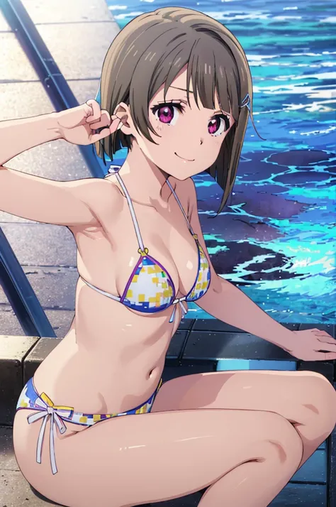 (((pixel-perfect, detail-perfect))), solo, 1girl, kasumi nakasu, eyes violet, smile, pool, bikini, armpit, flat filesize, ultra High Qality