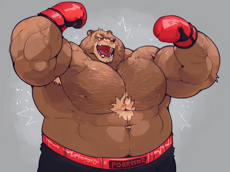 a huge muscular kodiak brown bear, extremely detailed brown fur, powerful pecs, beer belly, veins popping,red boxing gloves, black boxing pants with red line, flexing for boxing victory, masterpiece, 8k, ultra-detailed,realistic,photo-realistic,physically-...