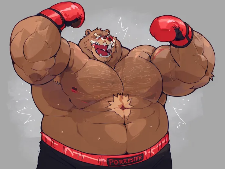 a huge muscular kodiak brown bear, extremely detailed brown fur, powerful pecs, beer belly, veins popping,red boxing gloves, black boxing pants with red line, flexing for boxing victory, masterpiece, 8k, ultra-detailed,realistic,photo-realistic,physically-...