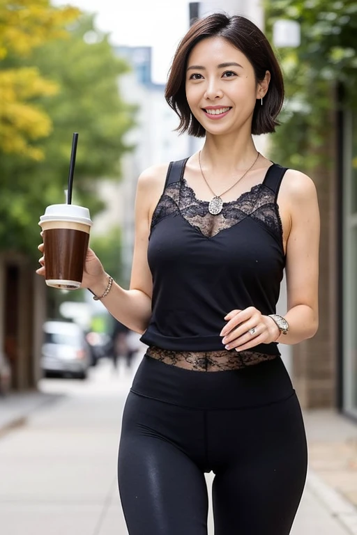 40-year-old female、Black super tight yoga pants、With necklace、earrings、short hair、Coffee in hand，black lace underwear，Extra large breasts、Drink coffee while walking、Smile，Flying in the air super power