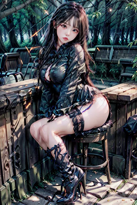 (best quality)), ((masterpiece)), (detailed),, , hot young chick girl, black lava outfit, stocking, beautyful face, ((stocking)), high heels, (( long length hair)), ((detailed eyes)), lightning in the background, (dark forest in the background, ((lace thig...