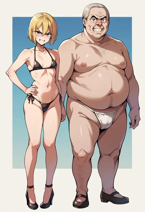 Young woman, looking at viewer, blue eyes, blonde hair, bikini, stand, fat ass, small breasts, black heels, angry, detailed, detailed eyes, short hair, big ass, fat legs,Long legs, man smiling, fat man, looking at the Viewer, ugly man, ugly bastard