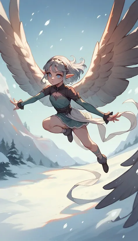 A pale-skinned elf woman, snowy-gray hair and round lilac eyes, with pointy ears. She wears a linen outfit with low necklines and parts of her body showing, adjusted to her slender silhouette and has large wings., suitable for flying.