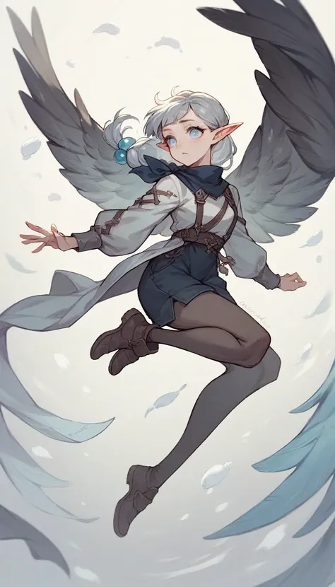 A pale-skinned elf woman, snowy-gray hair and round lilac eyes, with pointy ears. She wears a linen outfit with low necklines and parts of her body showing, adjusted to her slender silhouette and has large wings., suitable for flying.