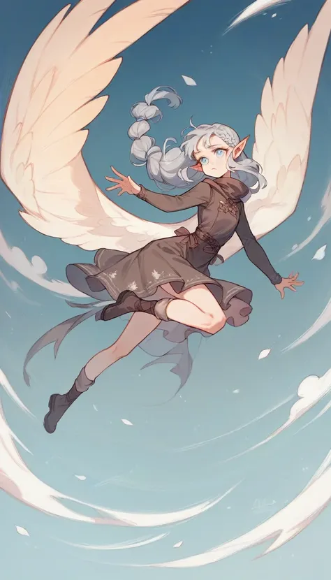 A pale-skinned elf woman, snowy-gray hair and round lilac eyes, with pointy ears. She wears a linen outfit with low necklines and parts of her body showing, adjusted to her slender silhouette and has large wings., suitable for flying.