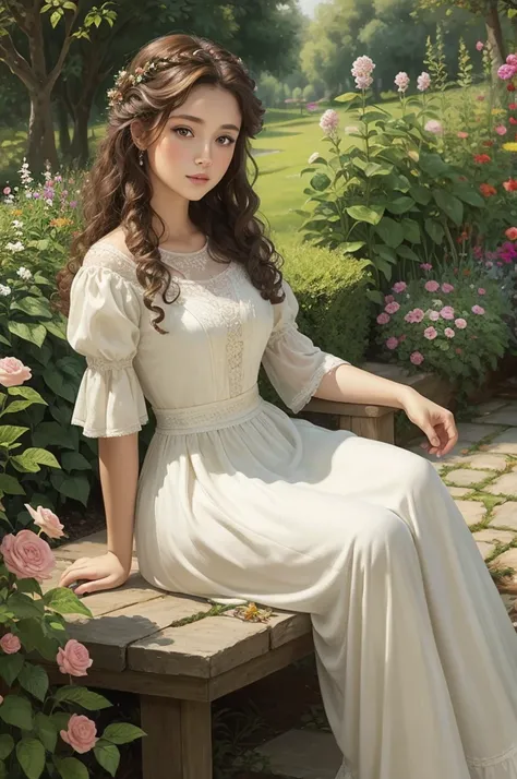 Brunette princess with curly hair sitting in a garden painting canvas