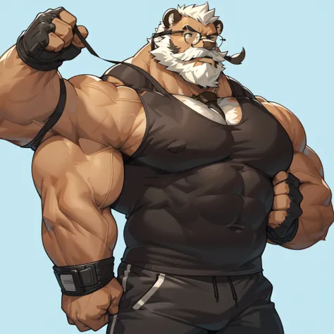 solo, 1boy, Huge Muscular Old Grizzly Bear wearing glasses , pectoral, huge pectoral, wide pectoral, short white hair, short pants, black wristbands and black tank top , bearded, Mustache, simple background, masterpiece, high detailed, 8k, high resolution,...