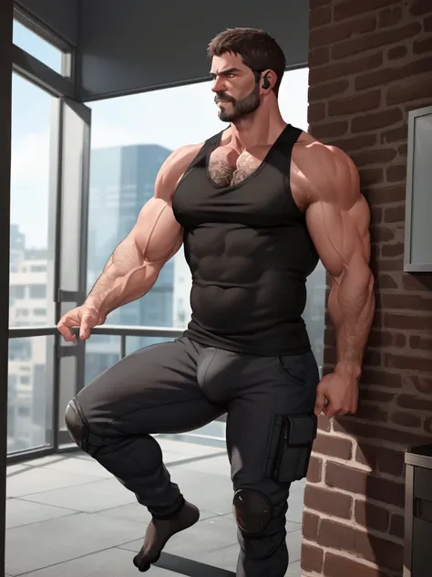 1 male, Chris Redfield 50 yo, male focus, beard,muscular male,  short hair, pushed back hair style, mature male, (black tank top:1.3), pectoral cleavage, mustache, brown hair, hand on chest, indoors, blue eyes, chest hair, covered abs, muscled legs, big fe...