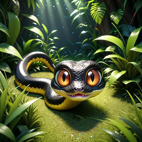 A cute small snake with big eyes, slithering quickly across the grass. It has a playful expression and vibrant black scales, set in a cartoon jungle environment, high resolution, high detail, cinematic light, 3D render, octane rendering, high quality. --ar...