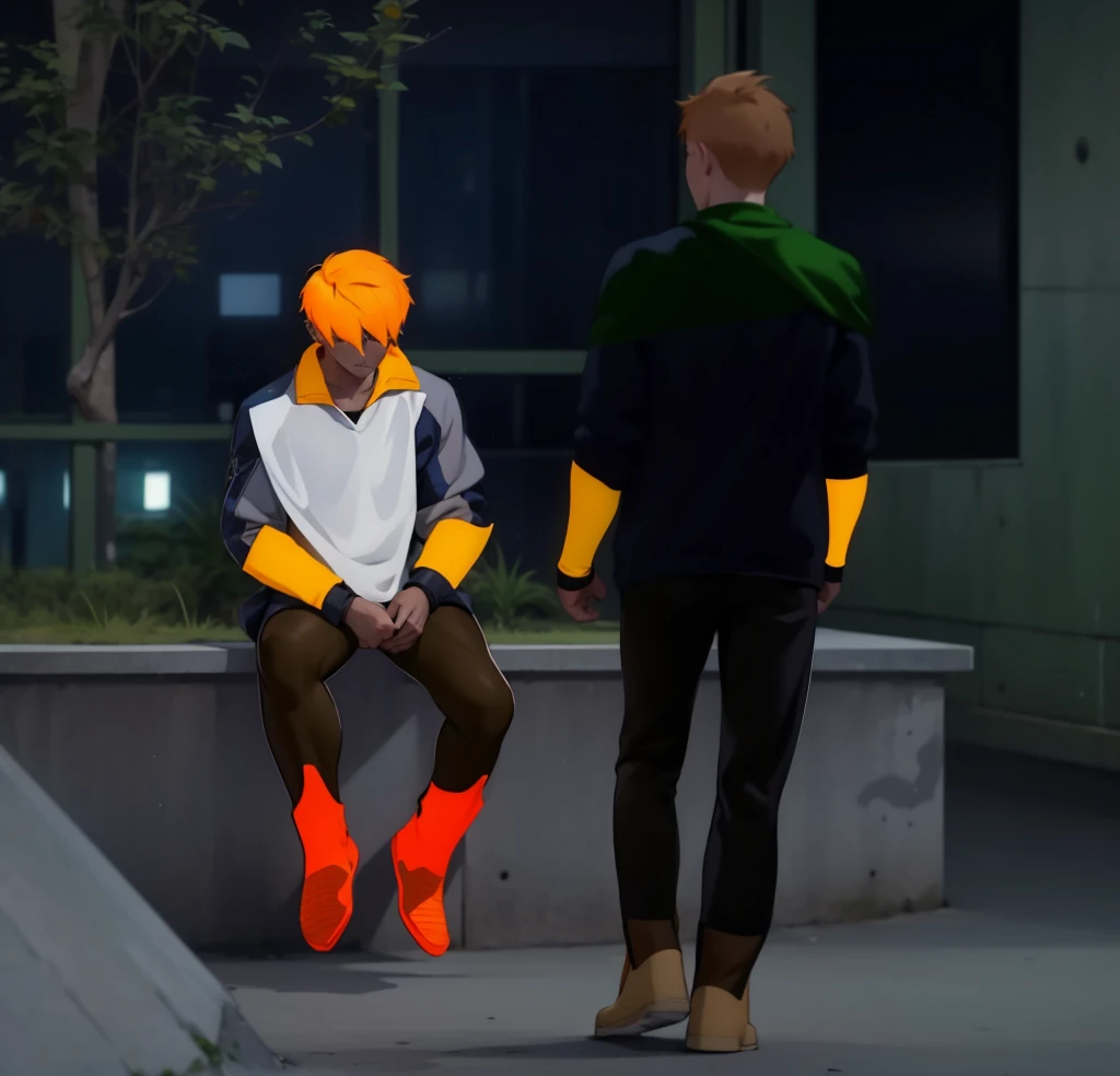 There are two thin athletic 16 year olds, one sitting with orange hair and the other walking towards him., They both have superhero costumes, they have golden superhero boots, they are thin but 