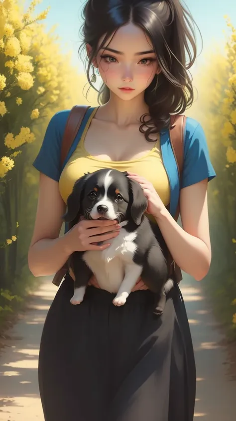 an incredibly charming  carrying a backpack, accompanied by her adorable puppy, enjoying a lovely spring outing surrounded by be...