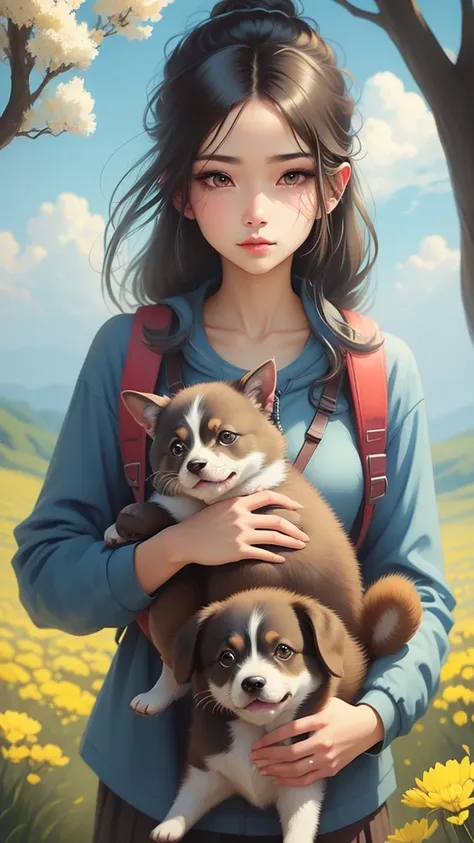 an incredibly charming  carrying a backpack, accompanied by her adorable puppy, enjoying a lovely spring outing surrounded by be...