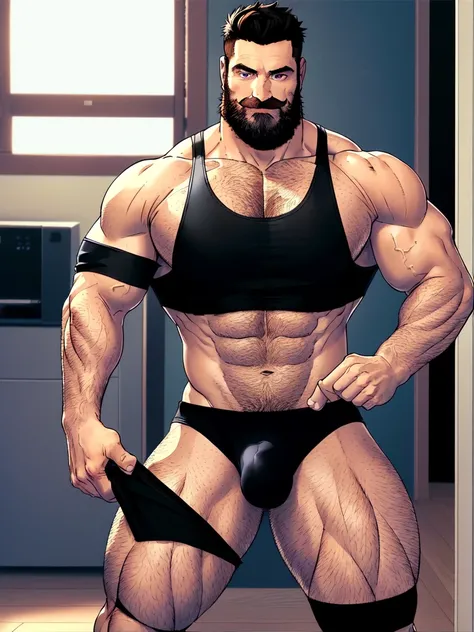 Chris Redfield 50 yo, male focus, beard,muscular male,  short hair, pushed back hair style, mature male, (black tank top:1.3), pectoral cleavage, mustache, brown hair, hand on chest, indoors, blue eyes, chest hair, covered abs, muscled legs, big feets, hai...