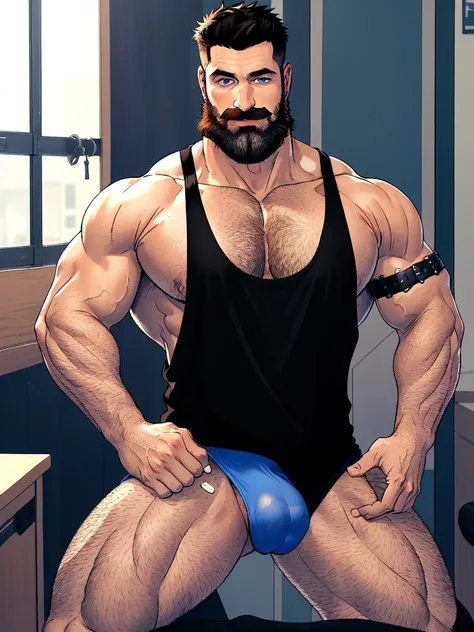 Chris Redfield 50 yo, male focus, beard,muscular male,  short hair, pushed back hair style, mature male, (black tank top:1.3), pectoral cleavage, mustache, brown hair, hand on chest, indoors, blue eyes, chest hair, covered abs, muscled legs, big feets, hai...