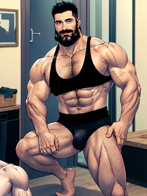 Chris Redfield 50 yo, male focus, beard,muscular male,  short hair, pushed back hair style, mature male, (black tank top:1.3), pectoral cleavage, mustache, brown hair, hand on chest, indoors, blue eyes, chest hair, covered abs, muscled legs, big feets, hai...