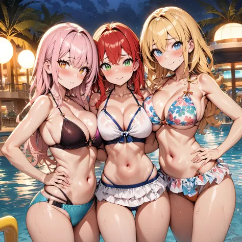 (masterpiece), (highest quality), (illustration), (super detailed), (high resolution), absurdity, 3girls,toragao,blush,[[patterned string bikini,floral string bikini,layered bikini]],blonde hair,red hair,light pink hair,long hair,short hair,green eyes,oran...