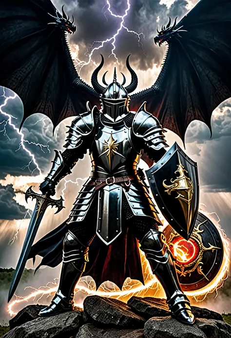 gothic black knight protecting himself with shield from dragon shooting lightening