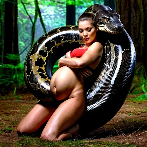 Pregnant   Happy Horny, aroused 1girl), beautiful kneeling young teen girl with  giant colossal black titanboa squeezing her hard, wrapped in thick spiraling coils, constricted, struggle, gasping for air, snake attack, snake peril, moonless night, dim ligh...