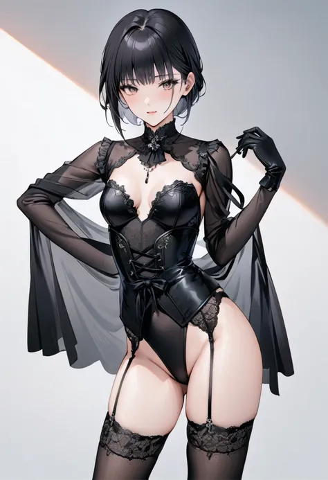 ((Top quality, masterpiece, freak, super resolution)), 1 girl, Japanese model,16 years old,Smooth black hair,A woman is wearing a (corset dress) that covers from the chest to the hips in a bodysuit style. The neckline is a deep V-cut with straps, and the s...