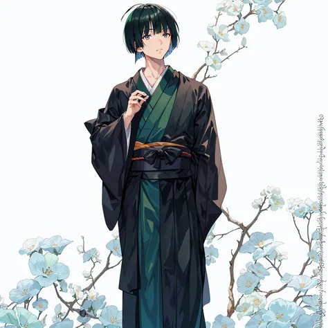 1 boy, 24 years old, full body, blunt bangs, bob cut, dark green hair, ((transparent background)),(solo),standing,{{{{Japanese monk}}}}},(wearing shoes on feet),{{wearing an article of clothing in the same manner as a kasaya}}},{{glaze}},{{Hair shine}},((i...