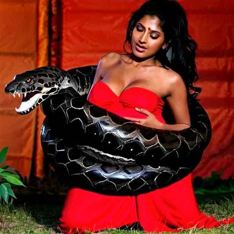 Pregnant   Happy Horny, aroused 1girl), beautiful kneeling young  Indian teen girl with  giant colossal black titanboa squeezing her hard, wrapped in thick spiraling coils, constricted, struggle, gasping for air, snake attack, snake peril, moonless night, ...