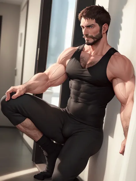 1 male, Chris Redfield 50 yo, male focus, beard,muscular male,  short hair, pushed back hair style, mature male, (black tank top:1.3), pectoral cleavage, mustache, brown hair, hand on chest, indoors, blue eyes, chest hair, covered abs, muscled legs, big fe...