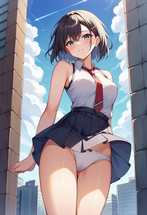 (Great quality、masterpiece:1.3、Ultra-high resolution)、Beautiful woman：1.5、Learn Uniform Laser Uniform、tie、mini skirt、Black-haired、Hair length、No skirt, bare chest、Great background、Overlooking the city from the hill、Dove flying in the sky、Blue sky、beautiful...