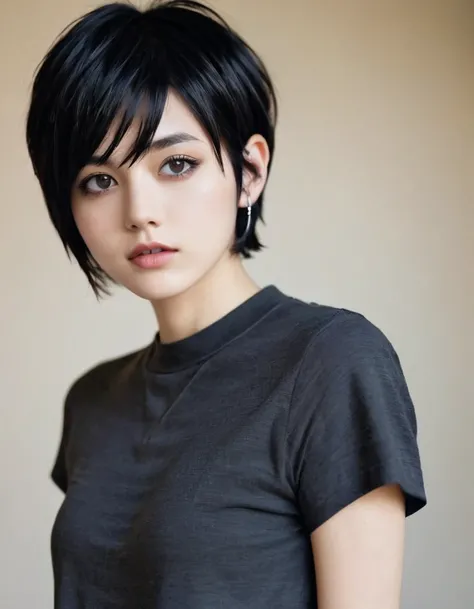 Tomboy short hair black eyes fine jaw and black hair with piercing