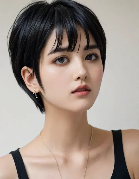 Tomboy short hair black eyes fine jaw and black hair with piercing