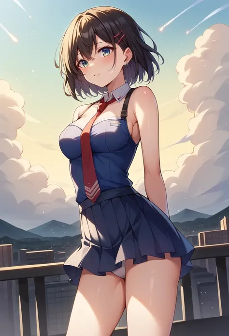 (Great quality、masterpiece:1.3、Ultra-high resolution)、Beautiful woman：1.5、Learn Uniform Laser Uniform、tie、mini skirt、Black-haired、Hair length、No skirt, bare chest、Great background、Overlooking the city from the hill、Dove flying in the sky、Blue sky、beautiful...