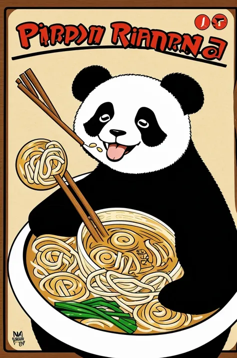 A cartoonish drawing of a panda eating ramen and smiling