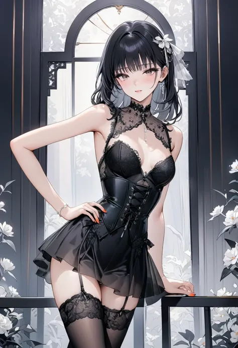 ((Top quality, masterpiece, freak, super resolution)), 1 girl, Japanese model,16 years old,Smooth black hair,The woman wears a bodysuit-style covering (corset dress) from the chest to the hips. The neckline is a deep V-cut with straps and the skirt is deco...