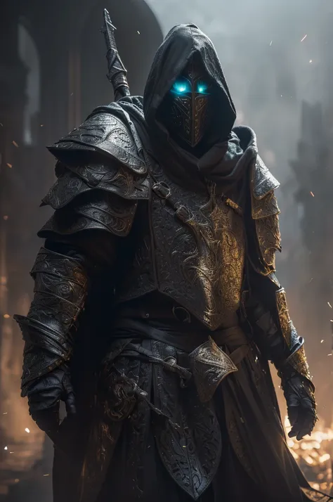 a close up of a person in a hooded jacket with a sword, amazing 8k character concept art, light armor, from vermintide 2 video game, paladin, flowing robes and leather armor, clothed in stealth armor, guillem h. pongiluppi, golden and black armor, d&d tren...