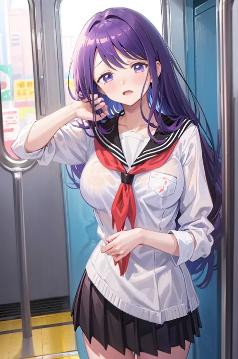 ass pov,1 boy, penis, breasts blowjob, paizuri, penis is between breasts, penis in breasts, breast squeeze、Titty fuck、Upper body nude、Blushing、Black Skirt、Light purple hair、Semi-long hair、、Japanese school uniform、schoolgirl、on the train、Strap、、８K,Masterpie...