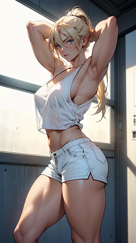 hand drawn art, Conceptual Art, 詳細なsketch, sketch, Manga art style, A young woman with French debteatures, White tank top, White shorts, Long blonde hair in a ponytail, blue eyes, Tilt, strong, Toned Muscles, Standing in a lewd place, Sensual pose with arm...